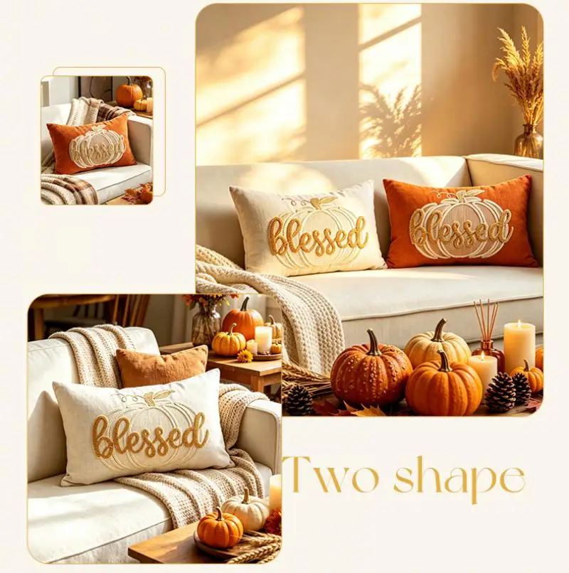 Herbst-Ernte Handtuchbestickter Kürbis-Kissenbezug Cojines Retro Unsichtbarer Reißverschluss Sofa Dekorative Kissenhüllen 30x50cm – Detail 4