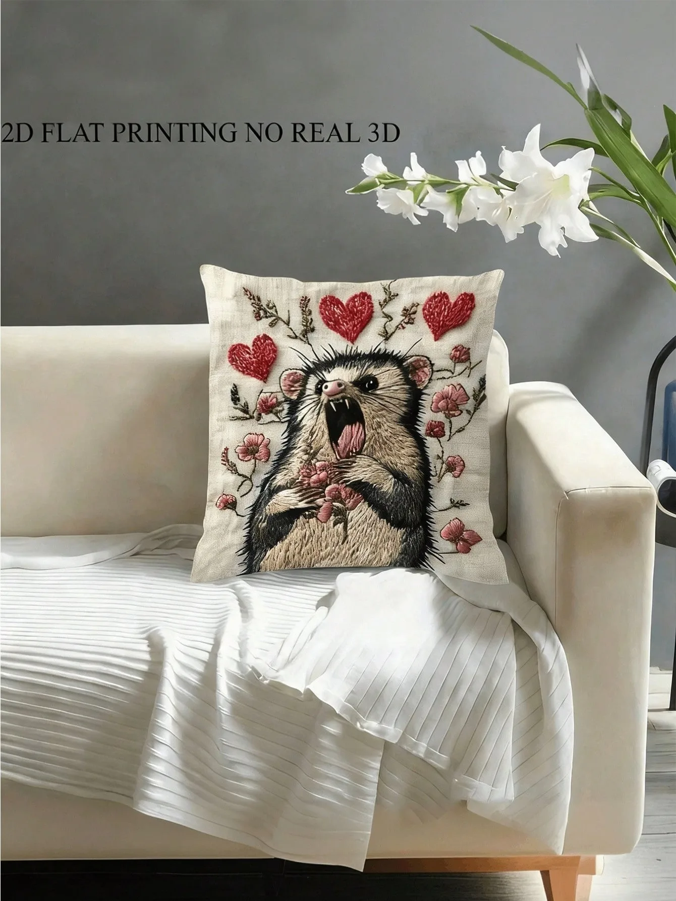 Possum Heart Embroidery Pillow Cover Double Sided 2DPrint Bold Stylish Pillow Cover Bedroom Living Room Sofa Whimsical Vibe Gift