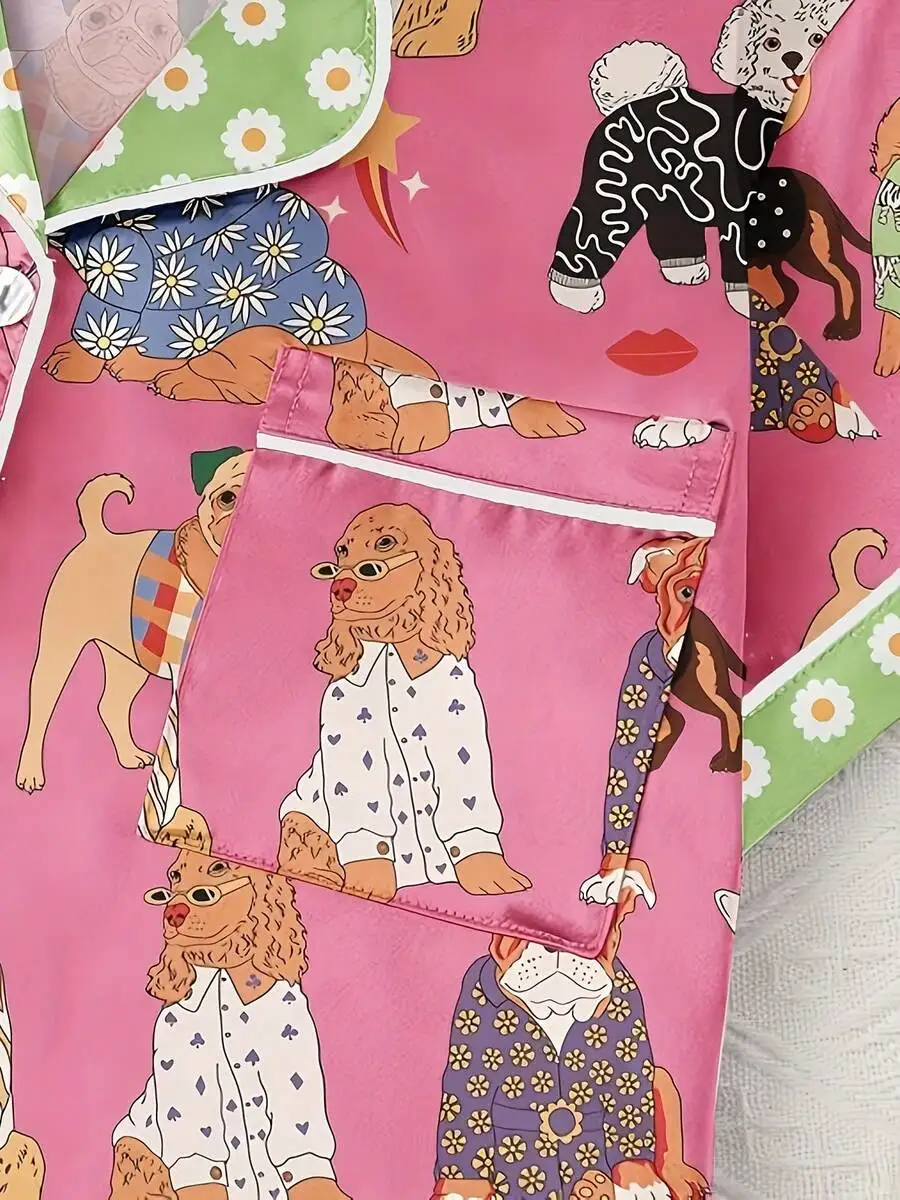 Casual Women Pajama Set Colorful Dog Pattern Satin Polyester Elastane All Season Home Wear