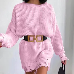 2022 Autumn Women Knitted Pullover Dress Elegant Solid Office Lady Mini Dress Fashion Hem Ripped Warm Winter Sweater Dresses