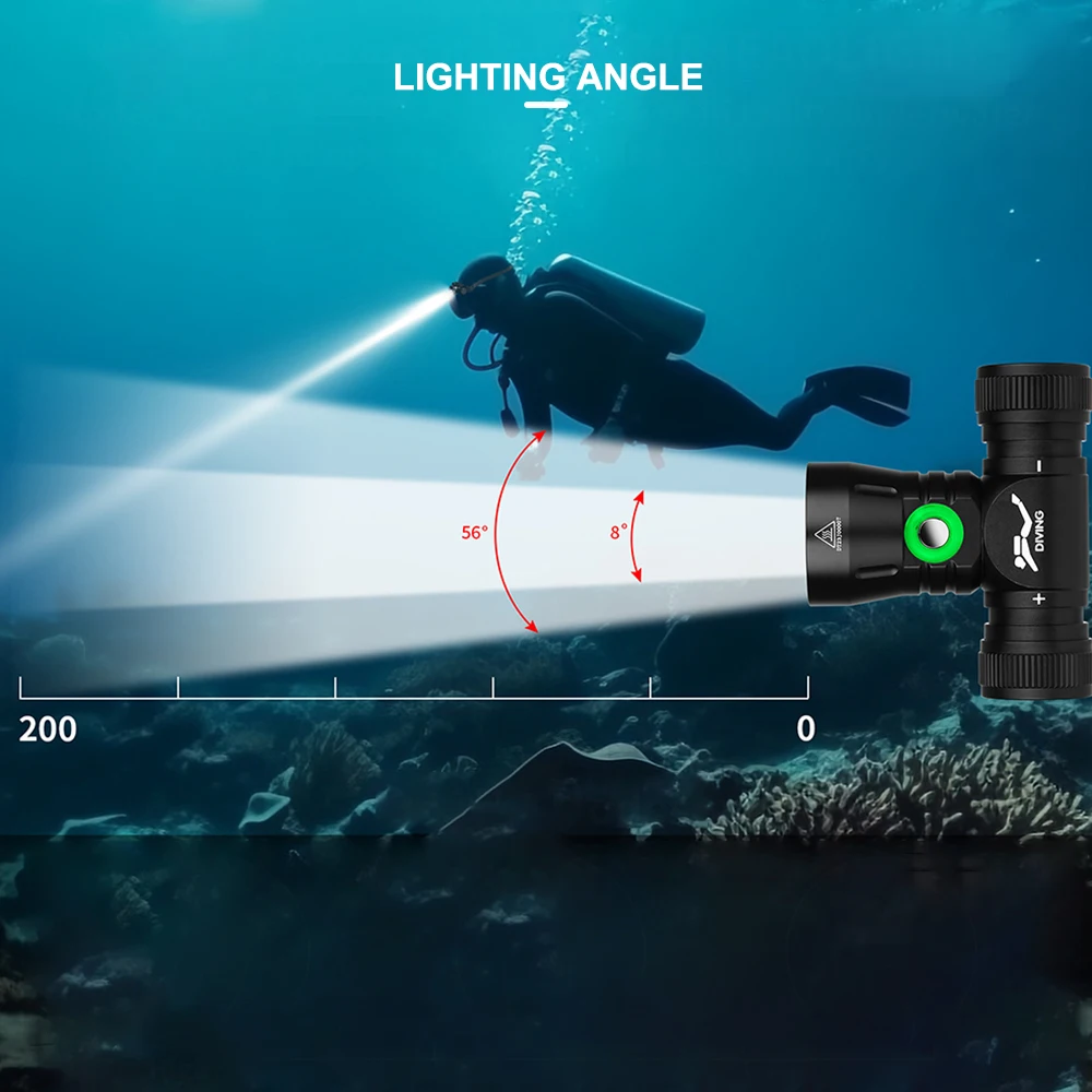 Asafee 60M Diving Headlamp Underwater L2 LED 1000LM IPX8 Waterproof 56° Angle Light Wearable On Hand Headlight Underwater Search