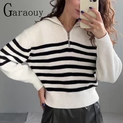 Garaouy 2023 Women Vintage Striped Jumper Casual Sweater Navy Neck Long Sleeve Female Autumn Winter Warm Knit Pullover Tops