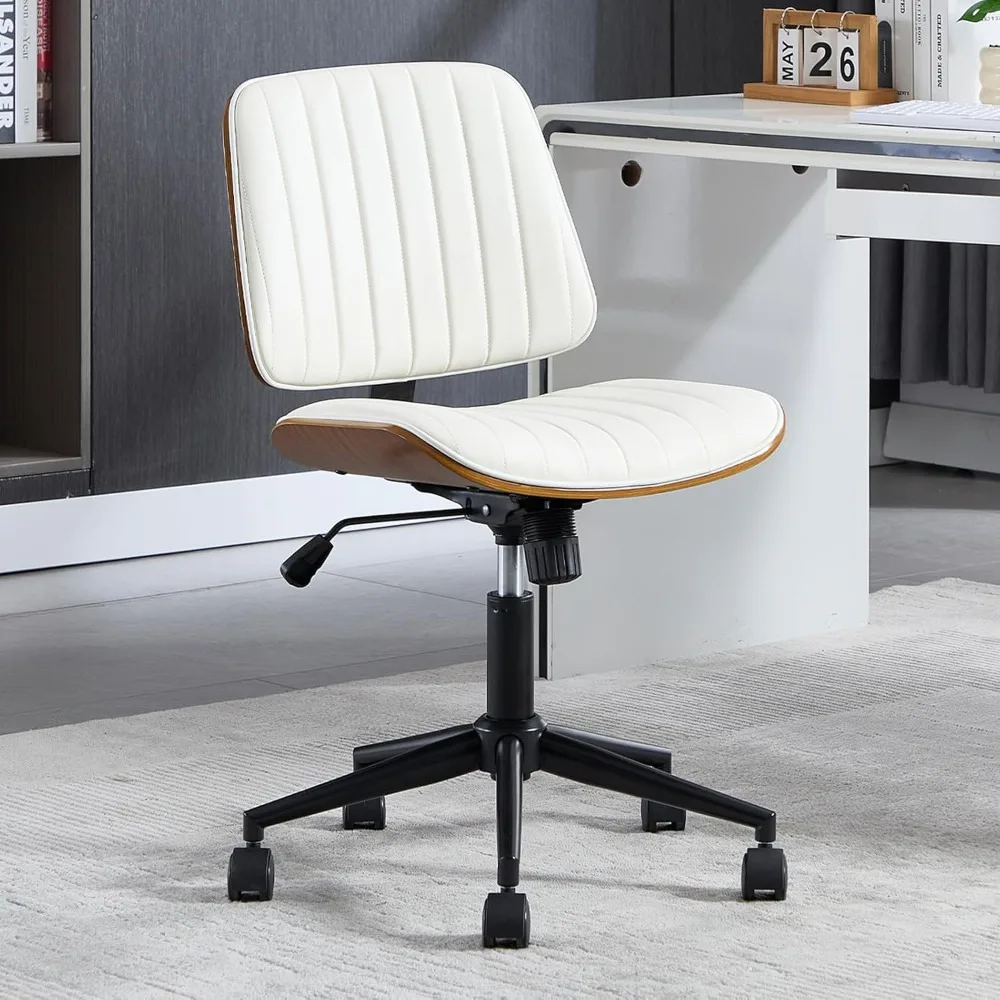 

small home office chair - armless mid back desk chair with 360° swivel and wheels, pu upholstered height adjustable modern walnu