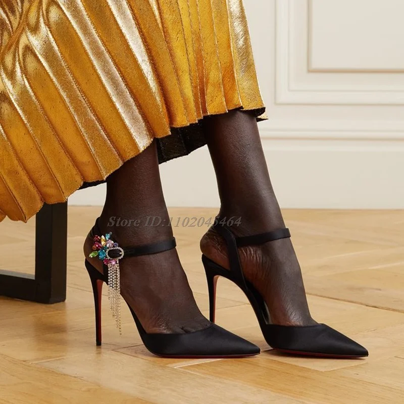 

Туфли-лодочки из лакированной кожи с острым носком и кристаллами, цветочными кисточками, черные/белые сексуальные туфли на высоком каблуке, новинка лета 2023 года, женские вечерние шикарные туфли