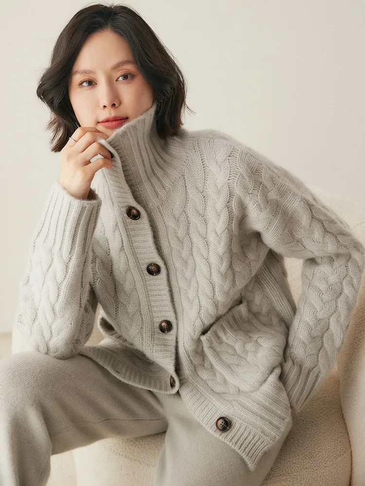 

Autumn Winter Thick Women's Pockets Turn-Down Collar Cardigan 100% Cashmere Sweater Warm Cable Stitch Retro Style Clothing Tops