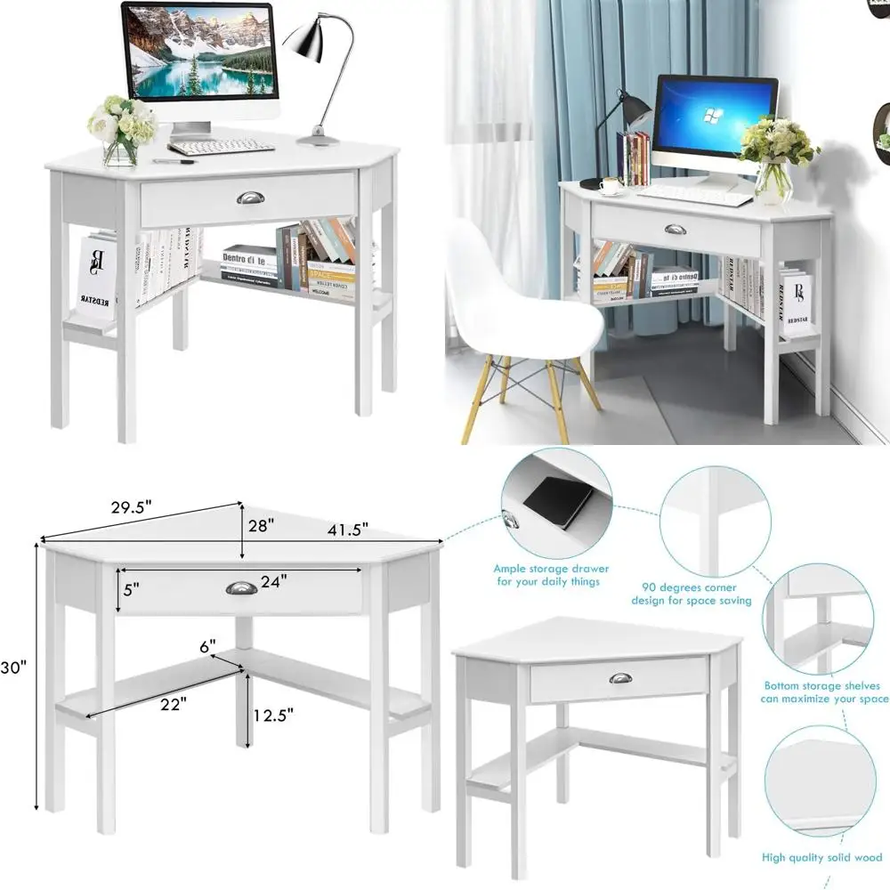 

White Corner Desk with Drawer and Storage Shelves for Computer, Makeup Vanity Desk for Small Spaces, 90-Degree Triangle Design
