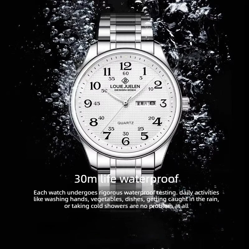 LOUIE JUELEN 2026 Men's Quartz Watch Large Number Dial Stainless Steel Waterproof Luminous Date Week Casual Business Wristwatch