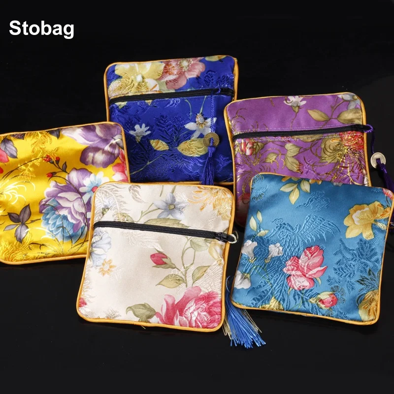 

StoBag 5pcs Chinese Silk Cotton Zipper Bag Brocade Small Fabric Gift Jewelry Packaging Storage Pocket Reusable Pouch Wholesale