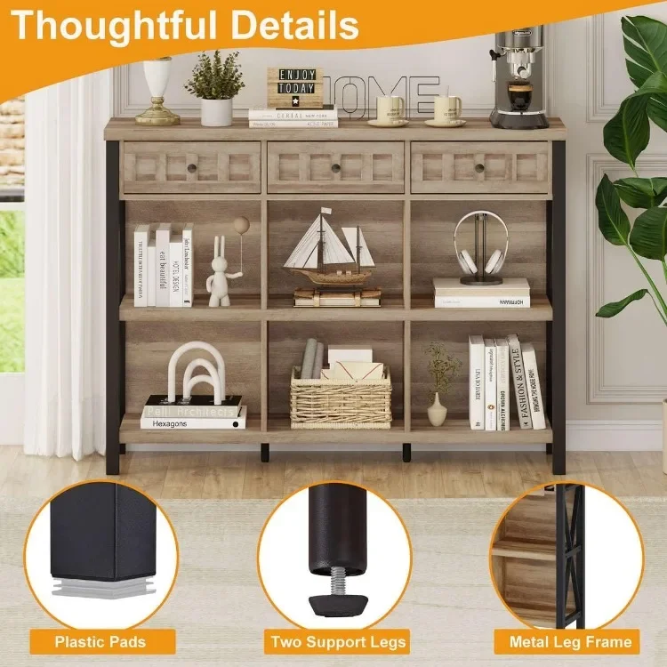 خزانة كتب ريفية مكونة من 6 مكعبات للمنزل والمطبخ مع 3 أدراج، ورف كتب أفقي طويل مع مساحة تخزين، ورف منظم منخفض الحجم