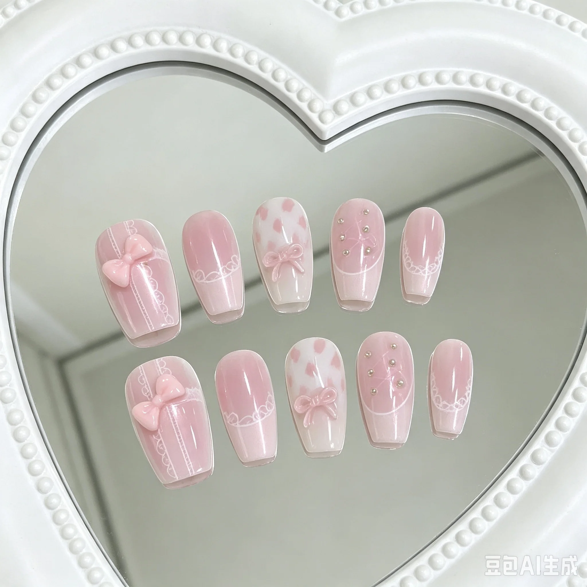 10-Piece Set of Medium-Length Trapezoidal 3D Bow Lace Plaid Gentle Lolita False Nails