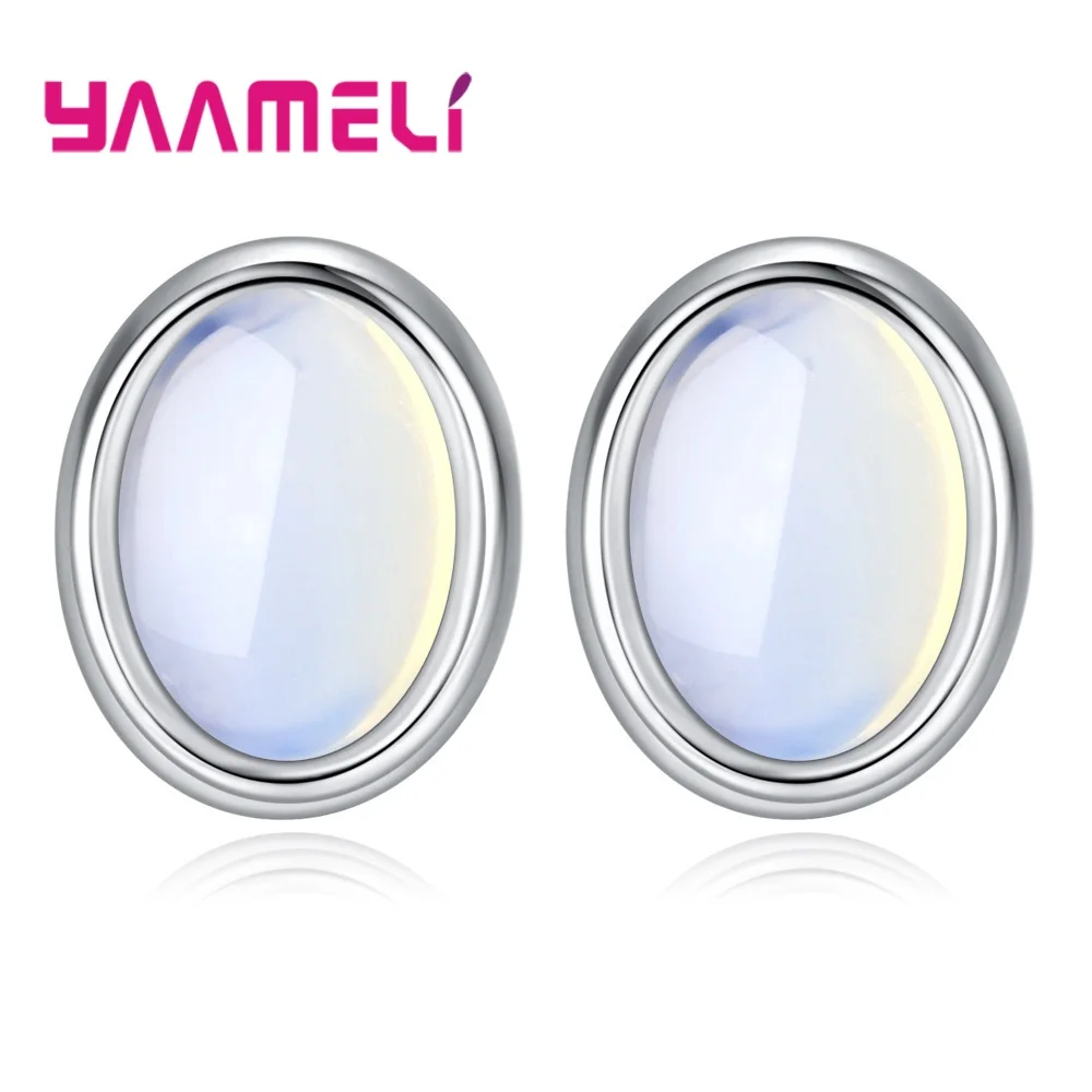 Retro Moonstone Stud Earring for Women 925 Sterling Silver Color White Oval Semi-precious Stone Earrings for Party Gifts