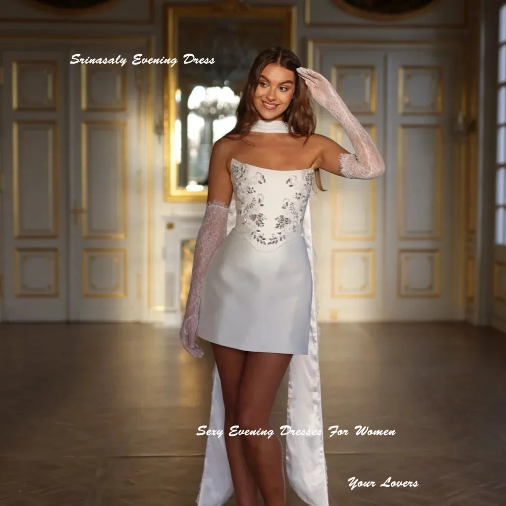 

Customized Satin Short Wedding Dresses with Half Lace Sleeve Strapless Vestidos De Novia Luxurious Crystal Mini Bridal Gowns