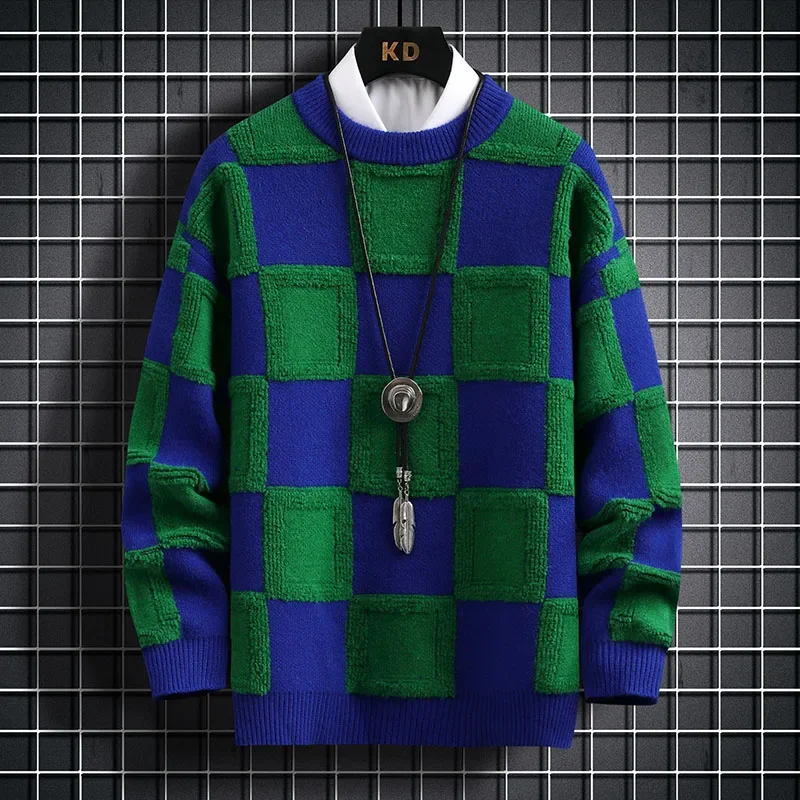 2023 New Fall Winter Men\'s Pullovers Sweaters High Quality Korean Style Thick Warm Cashmere Sweater Mens Luxury Plaid Pull Homme