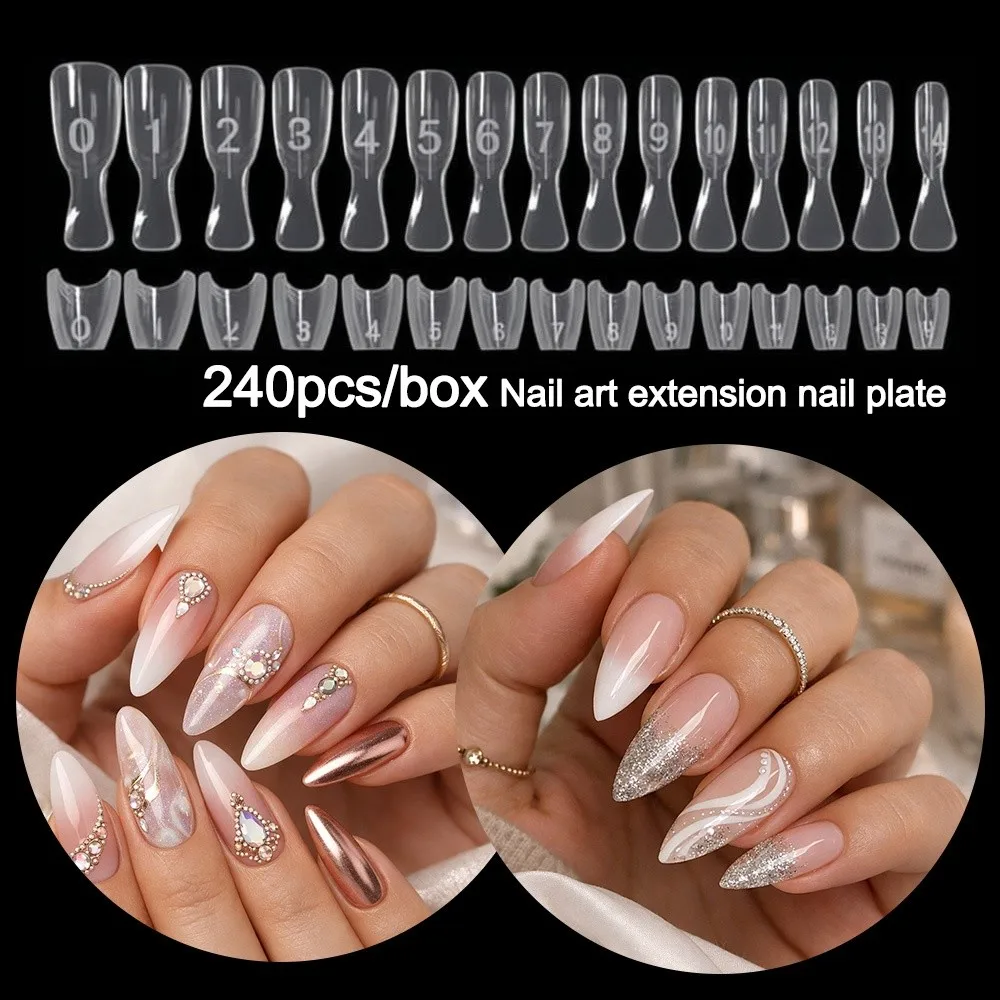 240pcs Oval Shape Sandwich Nail Forms Ultra-Thin No-Trace Double-Sided Fake Nails Clear Extension Quick Shortening False Nails