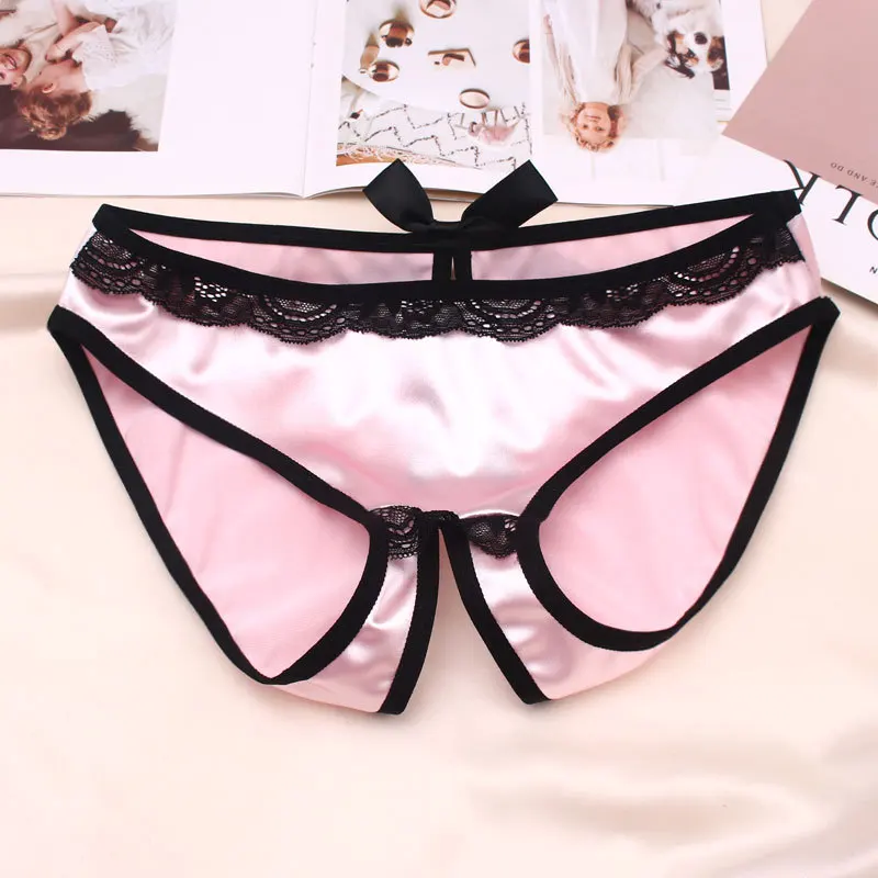 Open Crotch Underwear Women Sex Panties Low Rise Briefs Luxury Satin Silky Smooth Underpants Ladies Hollow Out Erotic Lingerie