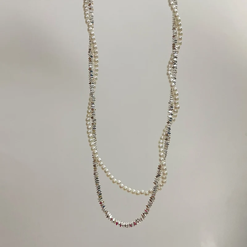 Collar de perlas con fragmento de plata de lujo estilo Ins, gargantilla elegante de doble capa para mujer, novedad de verano, moda sin terminar