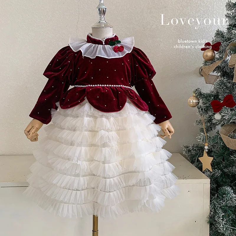 

Новое стильное рождественское французское бархатное платье принцессы с сетчатыми пышными рукавами для девочек на весну и осень