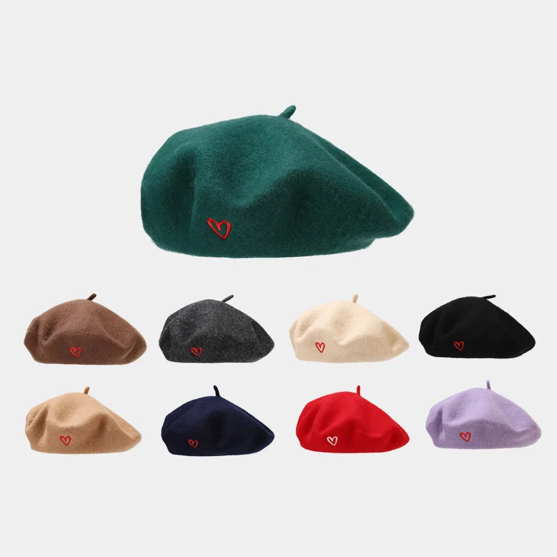 Baskenmütze Damen Trendy Retro Wolle Liebe Herz bestickt Maler Hut Straße vielseitige Hut