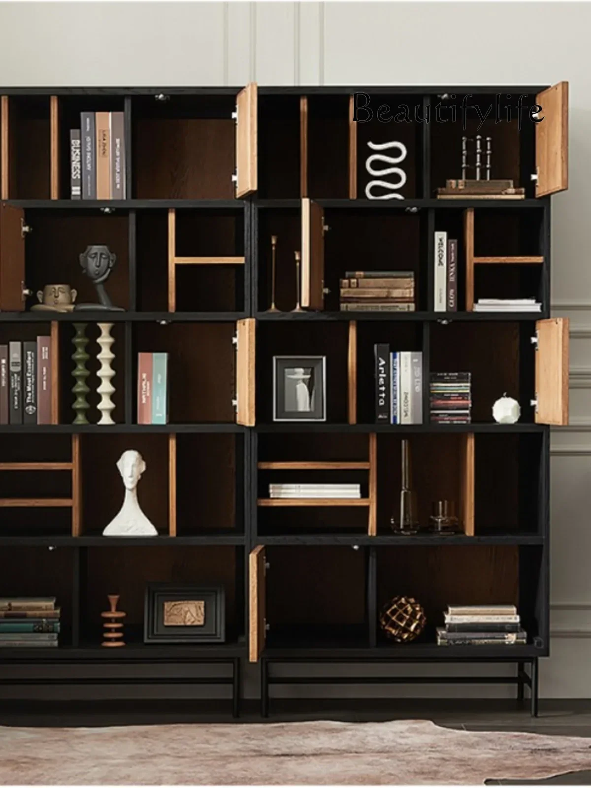 0 Modern Minimalist Color Matching Bookcase Silent Style Creative Solid Wood Display Mid-Ancient Retro Showcase