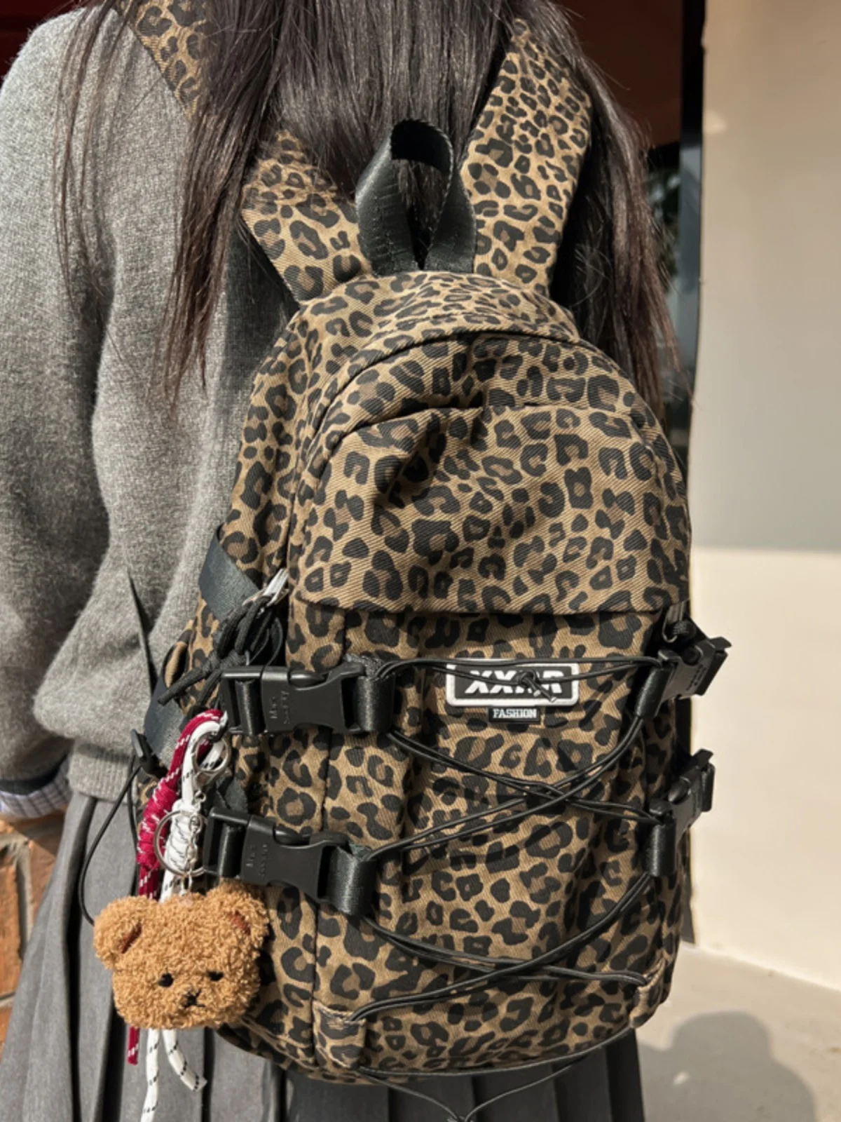 Large Capacity Student Backpack Women's Retro Leopard Print Ulzzang Bag Double Shoulder Bag Casual School Bag Nylon Material