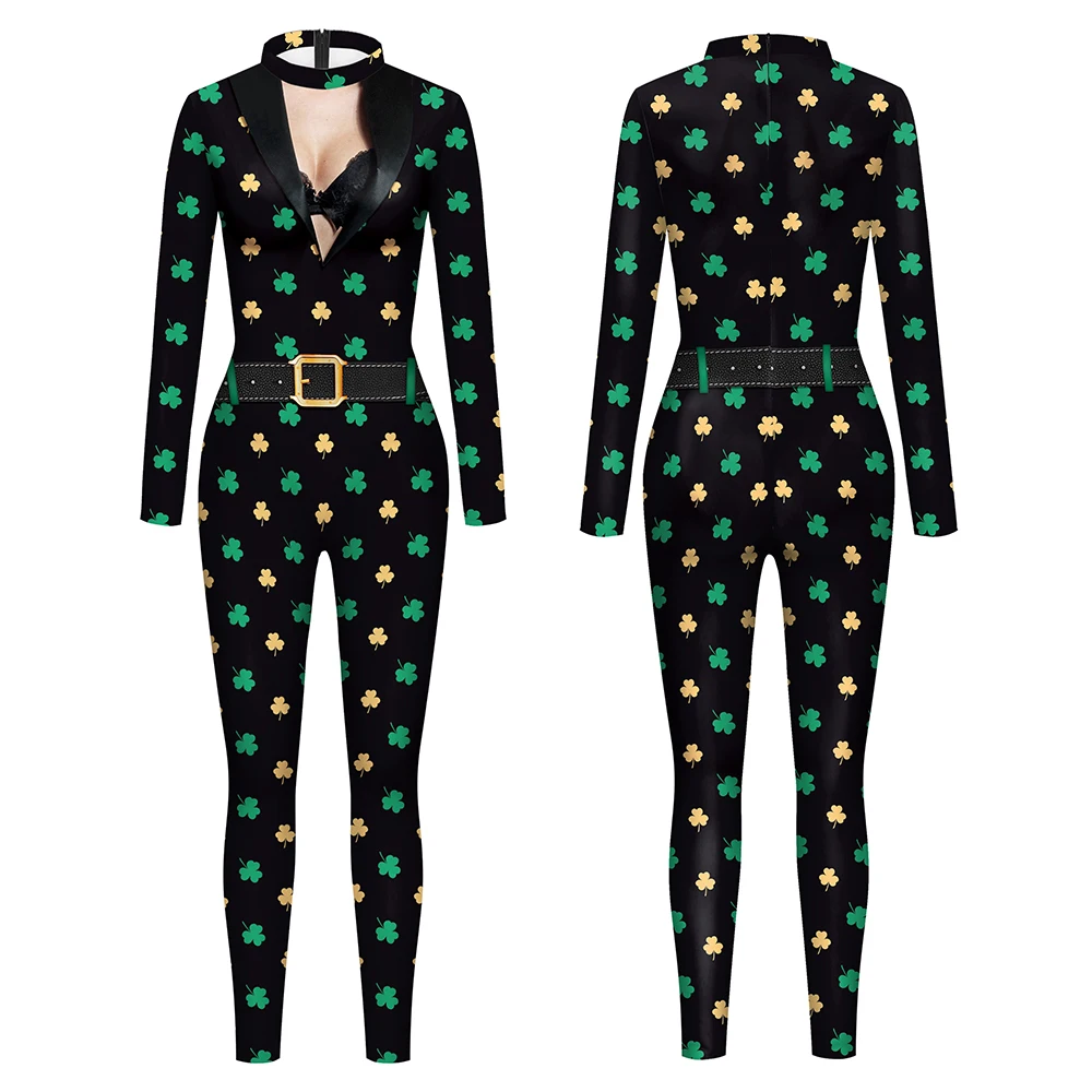 Set Pattern Jumpsuit Women Saint Patrick's Day Cosplay Costume 3D Printing Spandex Elasticity Catsuit Carnival Party Zentai