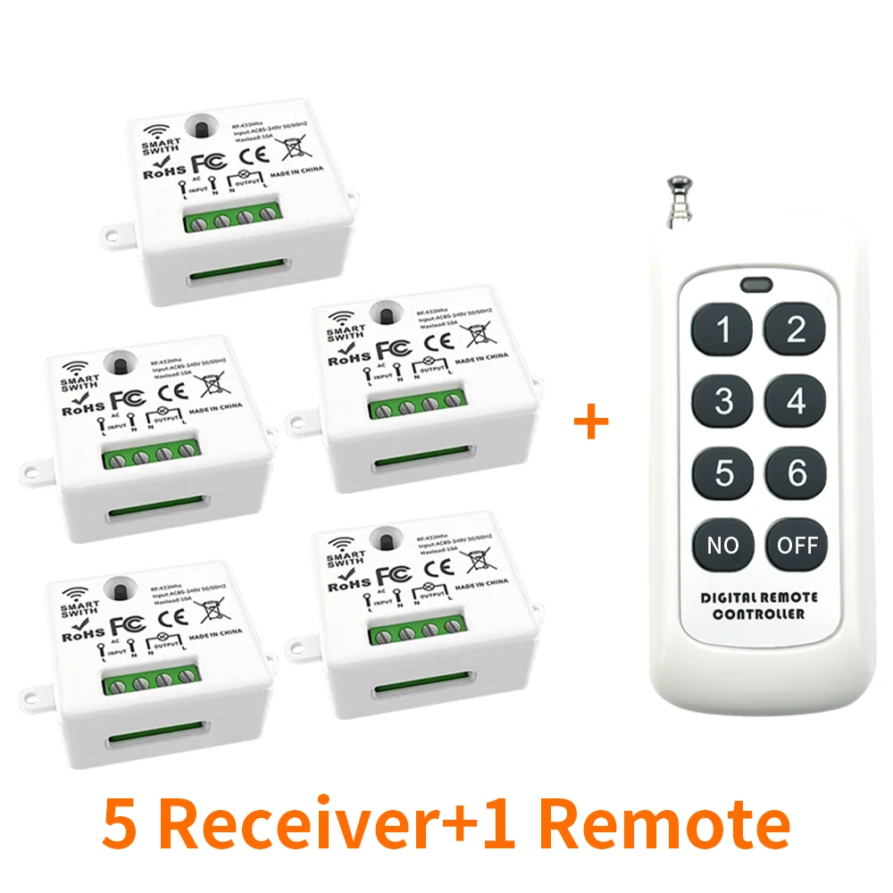 Draadloze afstandsbedieningsschakelaar, 433 MHz 110 V tot 220 V AC-voeding, 1 relais, 433 MHz ontvangstmodule, voor leertype afstandsbedieningen