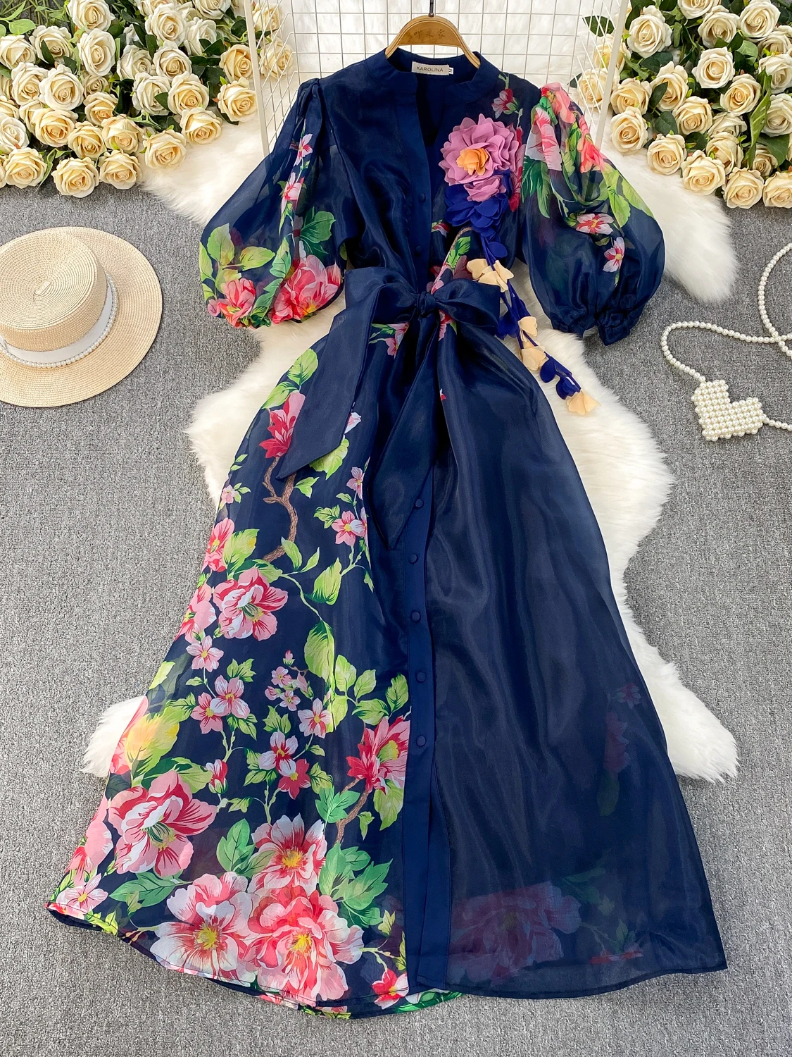 Vestido de Verão E com Estampa Floral, Cintura Alta, Manga Bufante, Decote em V, Cinto na Cintura, Estilo Coreano para...