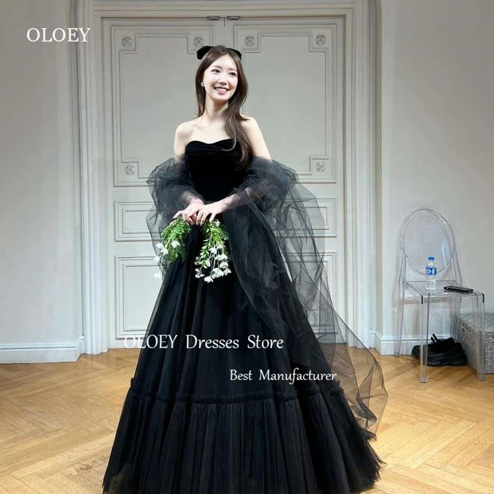 

OLOEY Black A Line Tulle Korea Evening Dresses Beloro Sweetheart Floor Length Prom Gowns Formal Occasion Party Dress Corset Back