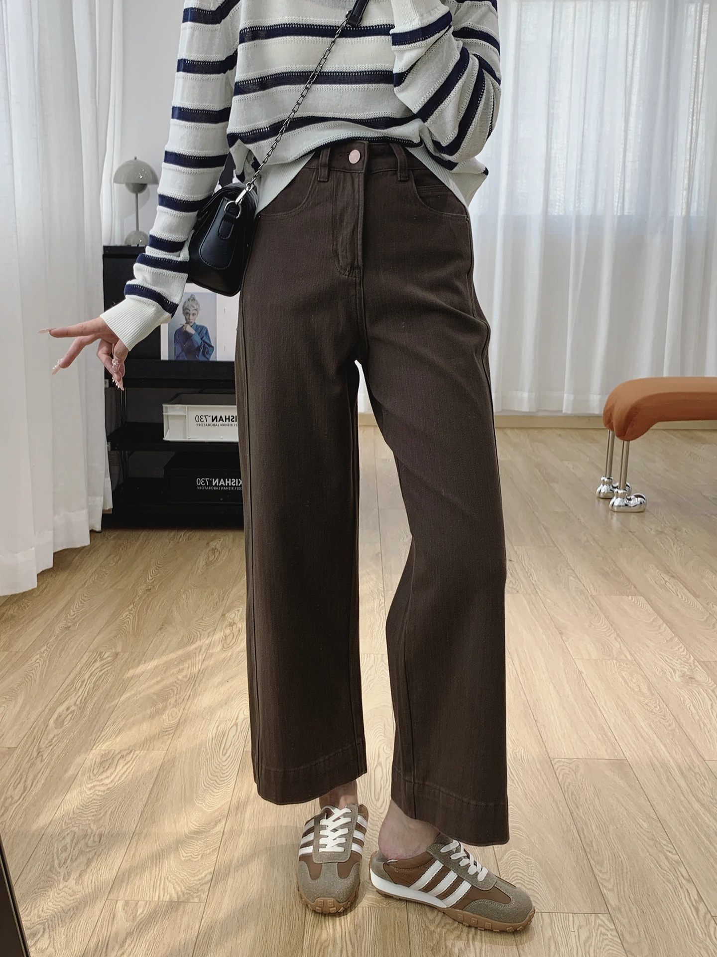 

Женские джинсы с высокой талией на подкладке, эластичные широкие брюки в четырех направлениях, осень-зима, свободные брюки прямого кроя