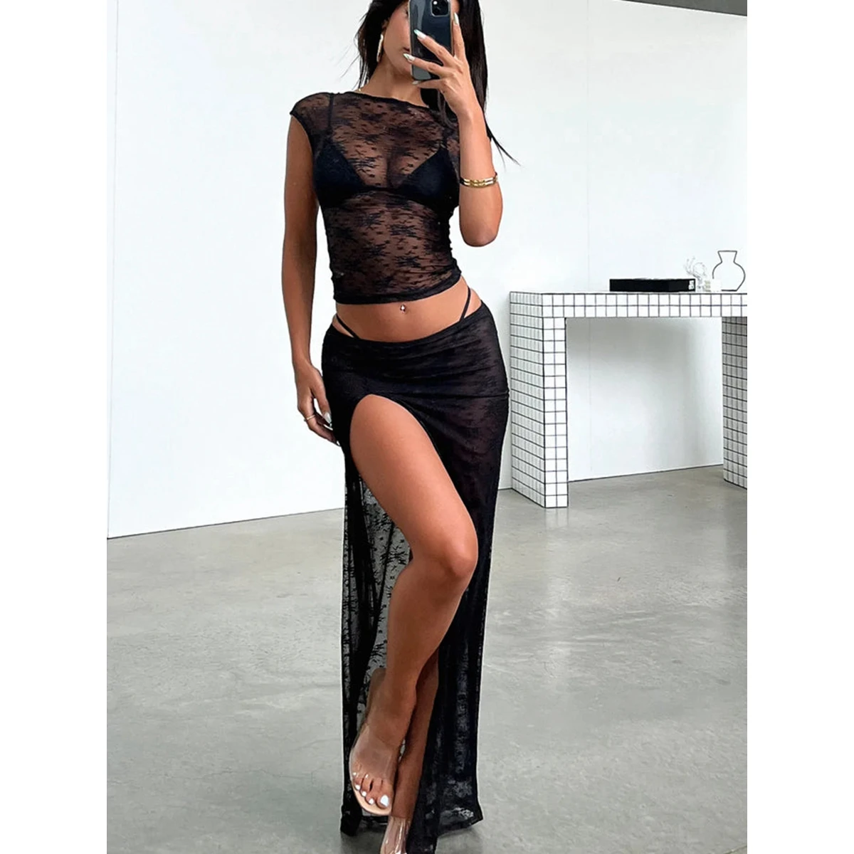 Women's Boho 2Piece Lace See-through Cover Ups Set Sheer Cap Sleeve Backless Crop Tops+Low Waist High Slit Long Skirt