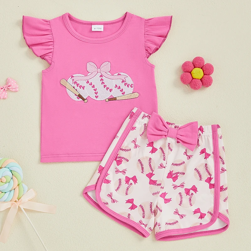 Girls Summer 2 Piece Outfits Short Sleeve Baseball Embroidery Tops Baseball Print Shorts Sets