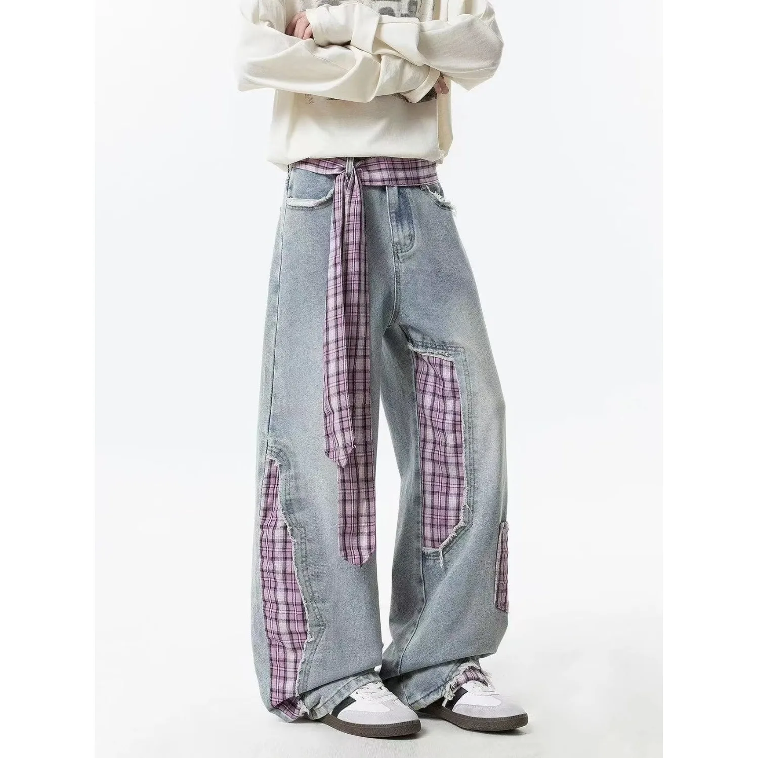 Men's Extra Long Wide Leg Denim Trousers Plaid Patchwork Bow Strap High Waist Loose Fit Y2K Vintage Casual Jeans