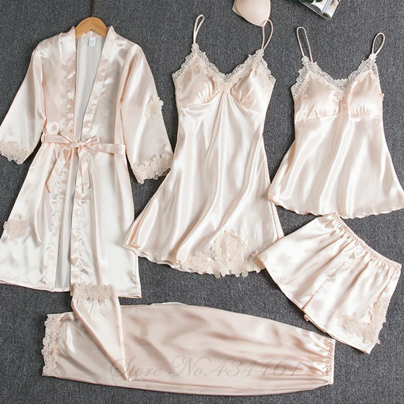 Female 5PCS Pajamas Set Spring Summer Silk Satin Sleepwear Pyjama Pour Femme Sleepwear Sexy Loose Lace Lounge Wear Pijamas Suit