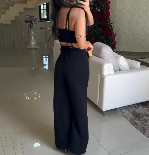 Ensemble de combinaison taille haute, couleur unie, col carré, sans manches, haut court, bretelles et col suspendu, ajouré, nouvelle collection été