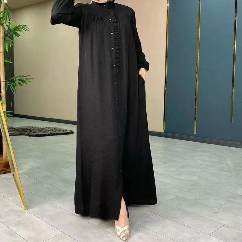 Ramadam Open Abayas For Women Evening Party Dress Morocco Robe Solid Color Puff Sleeve Pockets Clothing Kaftan Summer Winter