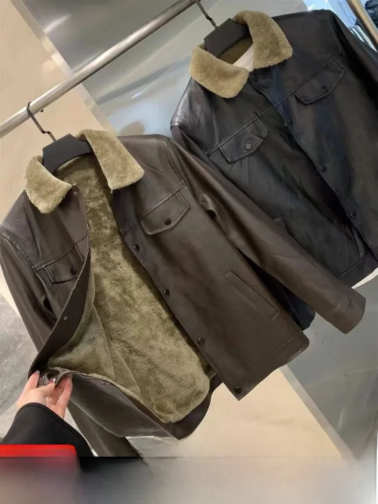 

Thiened PU Leather Biker Jaet Men's Winter Warm Casual Waed Soft Leather Coat Long Sve Stand Fit Youth Faion