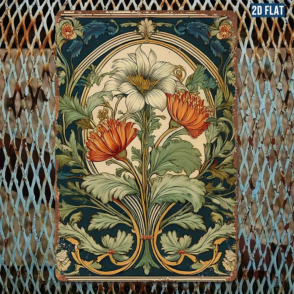 2D Flat, 1pc Vintage Art Nouveau Metal Wall Decoration - Ornate Floral Design in Navy Blue, Golden, Green, Beige, and Brown - Pe