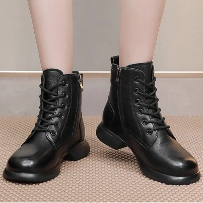 

Женские ботинки из натуральной кожи, осенне-зимняя обувь, женские ботильоны из коровьей кожи на толстой подошве, брендовые женские ботильоны