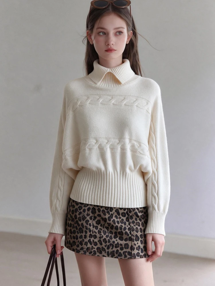 Women Beige Sweater Autumn Winter Batwing Sleeve  Pullover Knitted Turtleneck Button Long Sleeve Soft Knitted Sweater Top S760