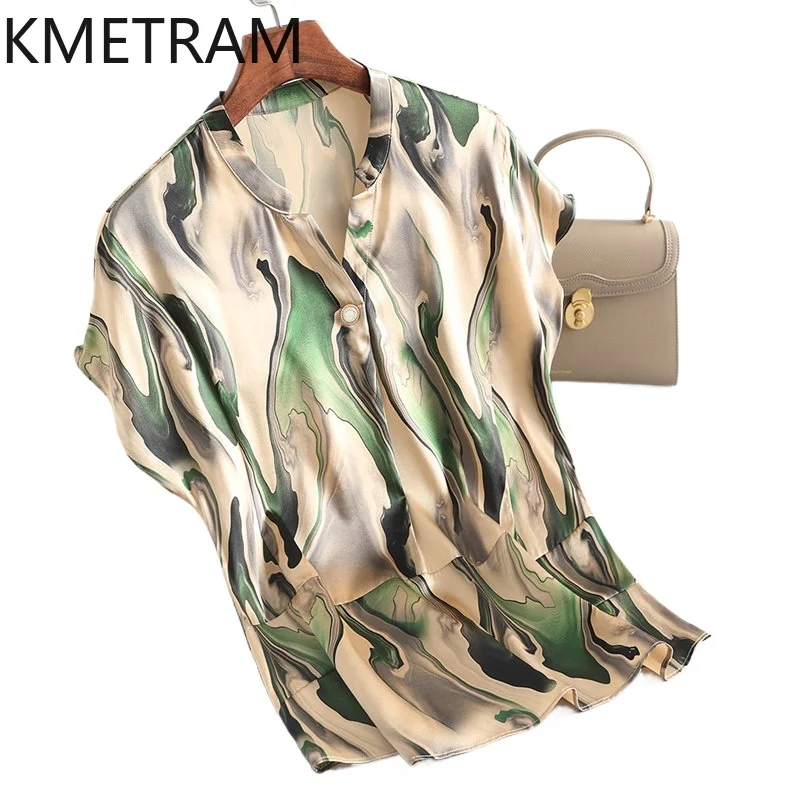 KMETRAM 89.9% mulberry silk T Shirts Women Short Sleeve Printed T-shirt Real Silk Causal Summer Tops 2026 Woman Clothing топ