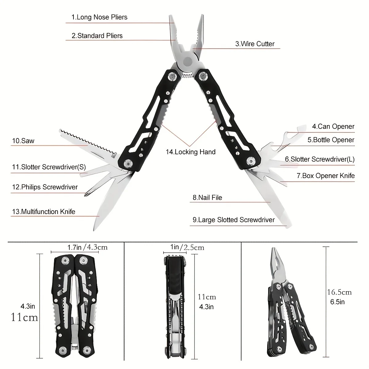 Multitool with Safety Locking, Stainless Steel Multitool Pliers Pocket Knife, Specially Bottle Opener, Screwdriver with Nylon Sh image 5