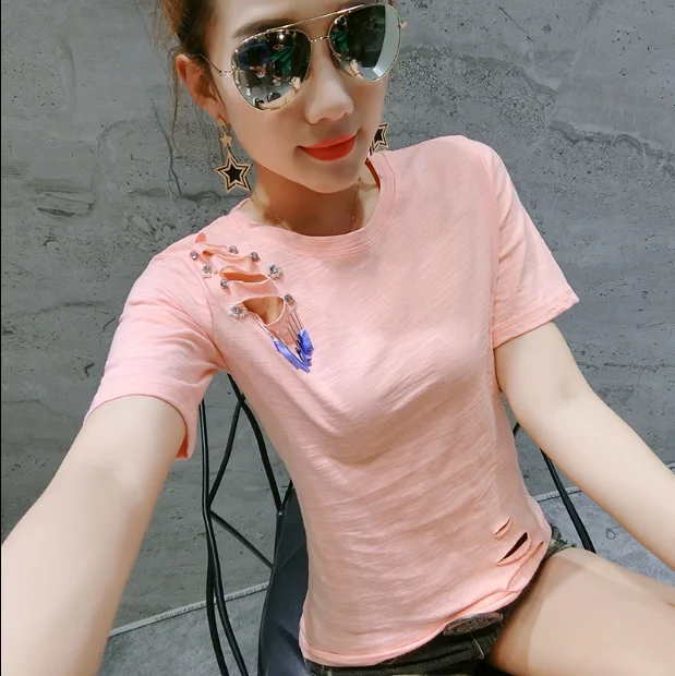 Short Sleeve Tshirt Cotton Shirts Woman New Korean Style Loose Fitting 2XL T-shirt Women\'s Hollow Holes Tees Students Tops