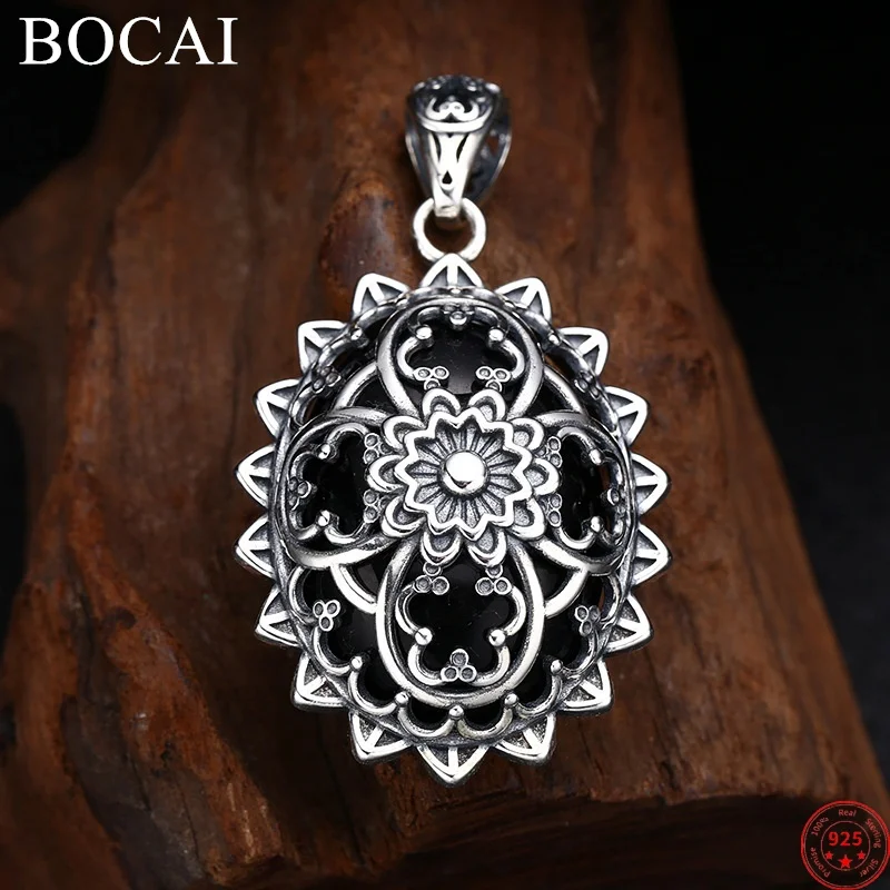 

BOCAI S925 Sterling Silver Pendants for Women Men New Fashion Oval Hollow Flowers Inlaid Agate Punk Jewelry Free Shipping