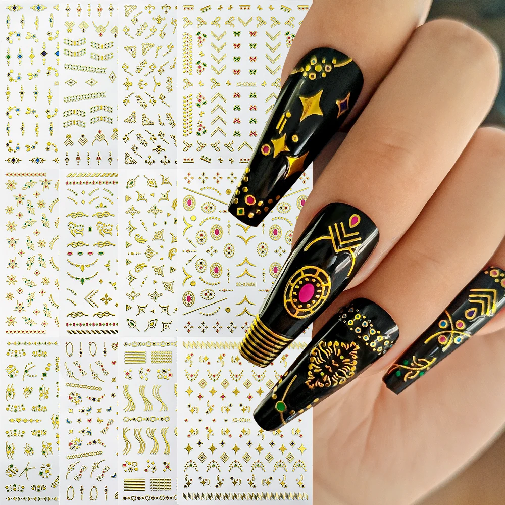 

12Pcs Golden Cross Star Flower Nail Sticker 3D Bohemian Style Flower Leaves French Lines Nail Decals Manicure Decoration Supply