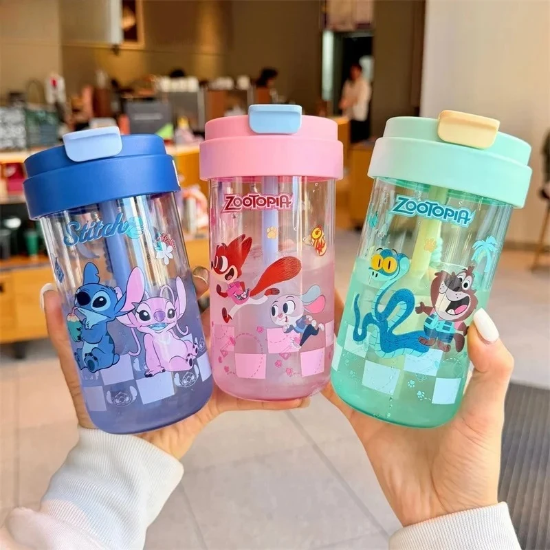 X&W for Zootopia Tritan Judy Stitch Straw Cup 460ml Children's Student Portable Summer Outdoor Sports Cold Drink Cup Gift