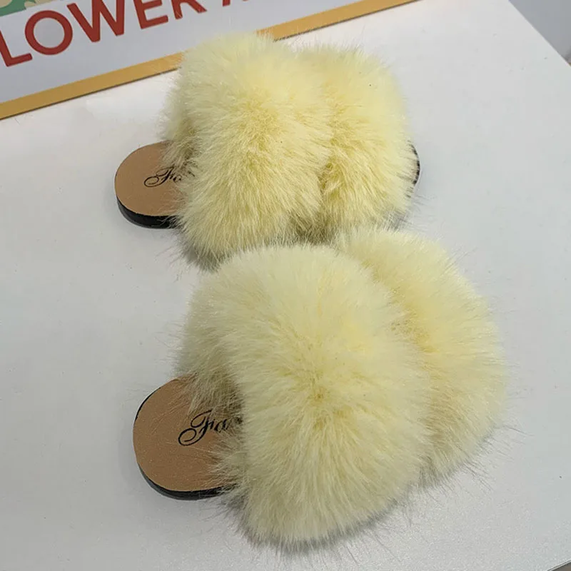 Faux Fur Slippers Children Home Flat Slides Furry Summer Shoes Soft Sole Kids Slippers for Girls Shoes Indoor Flip Flops CSH1420