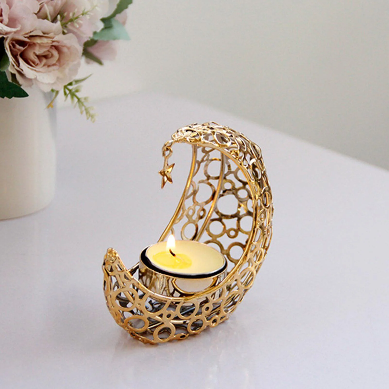 New Crystal Pillar Candle Holders Moon Shaped Metal Candle Holders Moon Candle Stand Decorative Candlestick Holders For Table