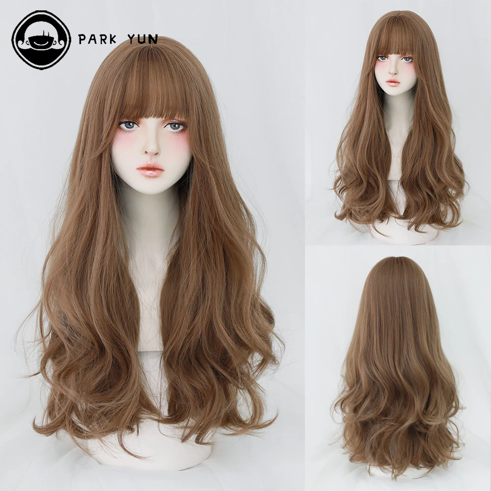 Długie kręcone włosy damskie Peruka z grzywką Codzienny Brązowy Czarny Różowy Lolita Cosplay Plecione peruki Odporne na ciepło włókno Party Fake Hair