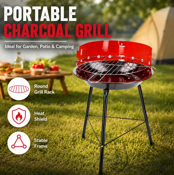 Barbecue rond à charbon de bois rapide 36x36x56CM, barbecue portable d'extérieur sur pieds trépieds, barbecue à charbon émaillé rouge pour jardin, pique-nique, camping, cuisine en plein air
