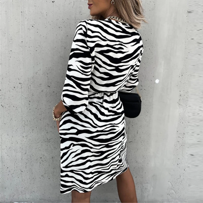 Women Elegant Ruffle Tie-Up A-line Dress Sexy Zebra Stripe Print Slim Fit Mini Dress Fall Fashion V Neck Long Sleeve Party Dress